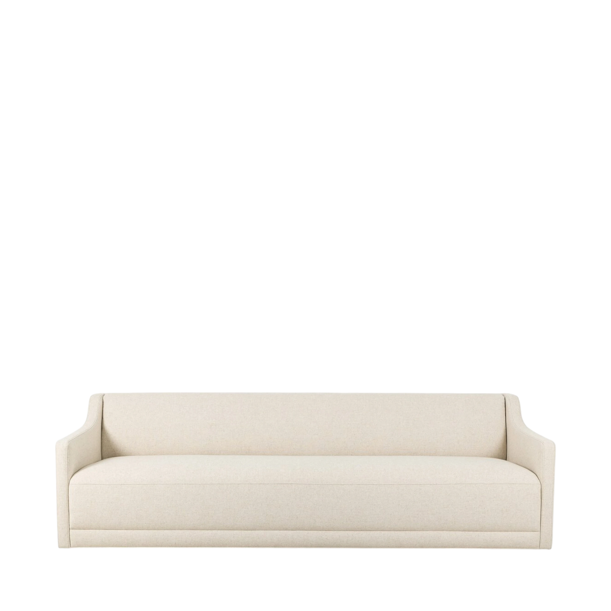 Front view of the Giselle Sofa upholstered in Antwerp Natural oatmeal performance fabric, featuring a low profile, sloping arms and a single bench seat cushion.