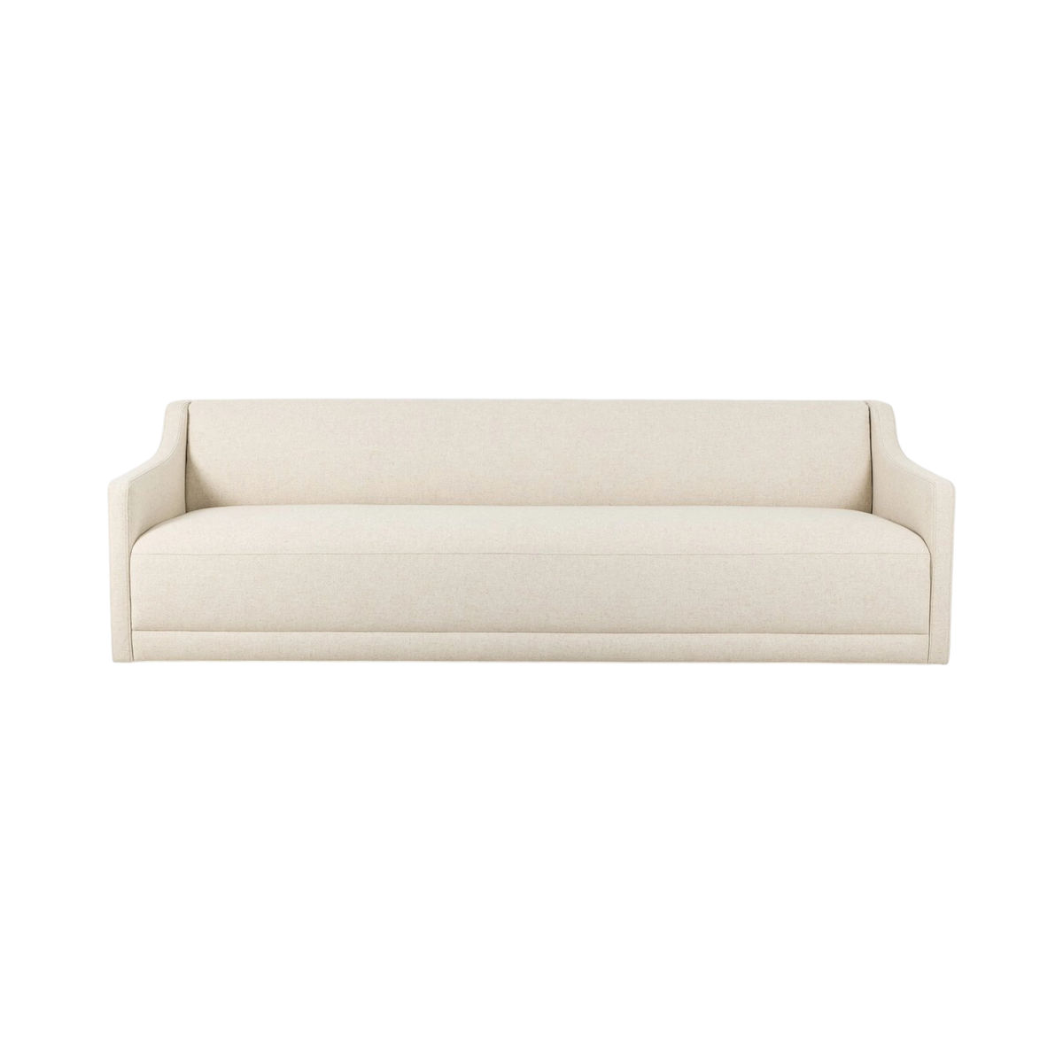 Front view of the Giselle Sofa upholstered in Antwerp Natural oatmeal performance fabric, featuring a low profile, sloping arms and a single bench seat cushion.
