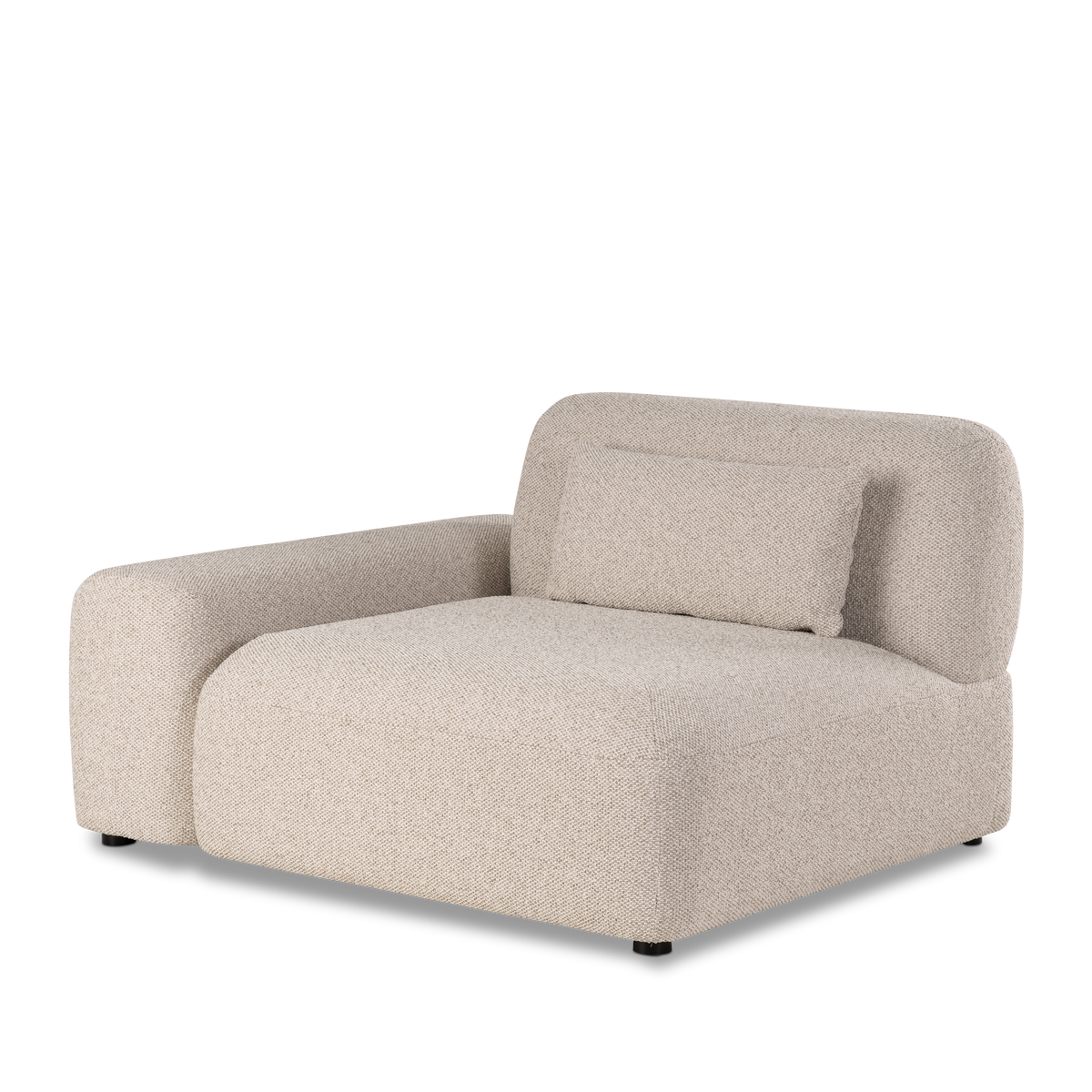 Duncan Modular left-arm-facing section shown from an angled front view in Oatmeal flecked woven fabric, highlighting the low rounded arm, lumbar pillow and deep plush seat.