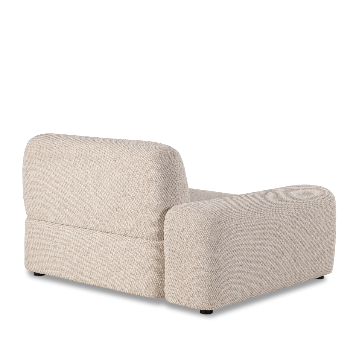Angled rear view of the Duncan Modular left-arm-facing section in Oatmeal woven fabric, showing the curved back, rounded arm and short black feet.