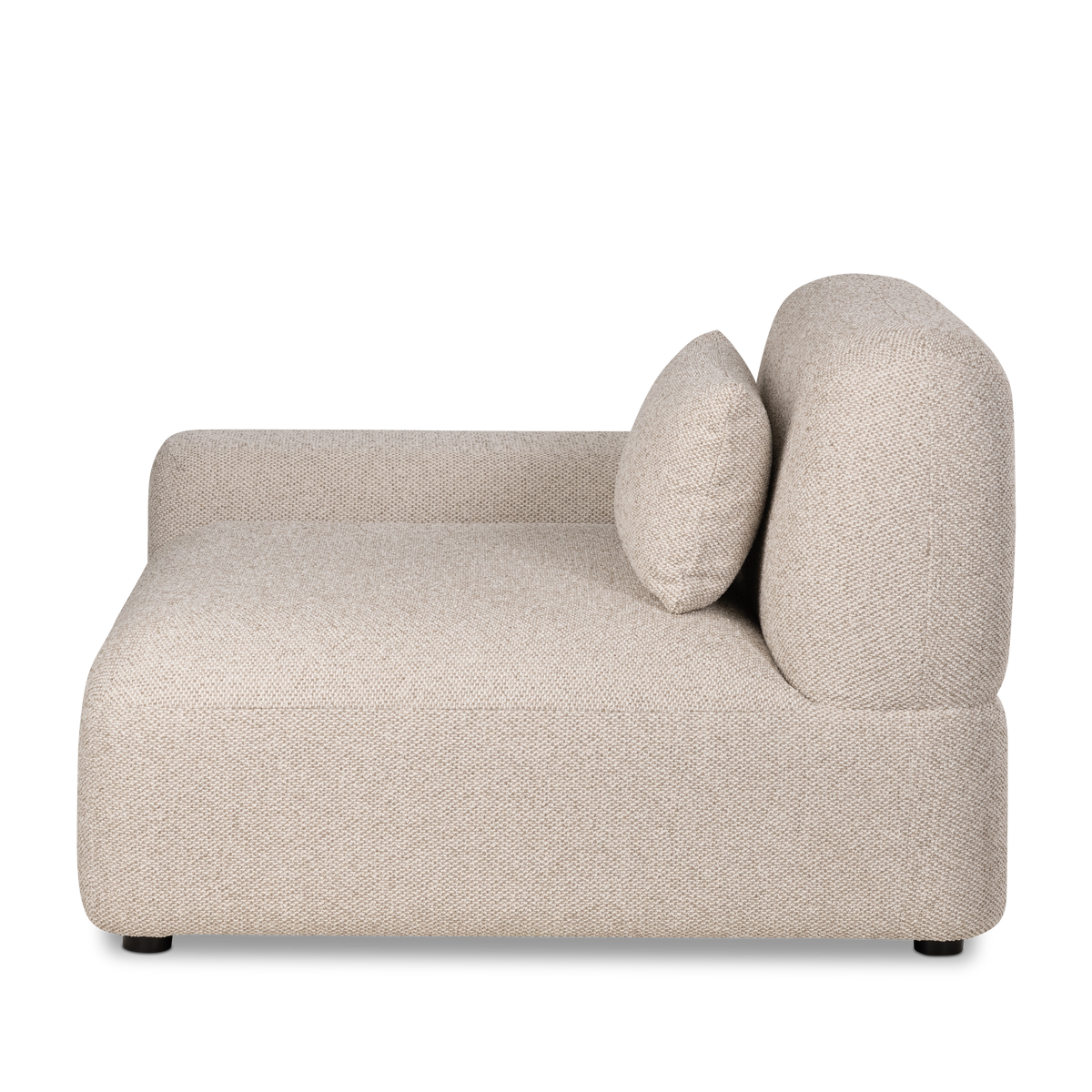 Side profile of the Duncan Modular left-arm-facing section in Oatmeal flecked weave, showing the low arm, upright back cushion, small accent pillow and tailored seam lines.