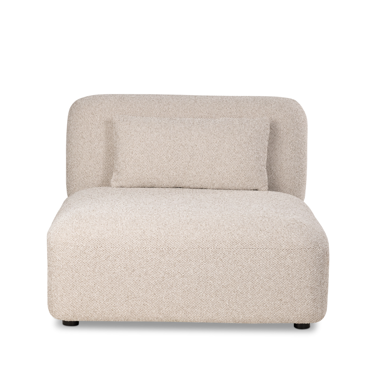 Duncan Modular armless section shown from the front in Oatmeal flecked woven fabric, with a deep plush seat, softly rounded back and lumbar pillow.