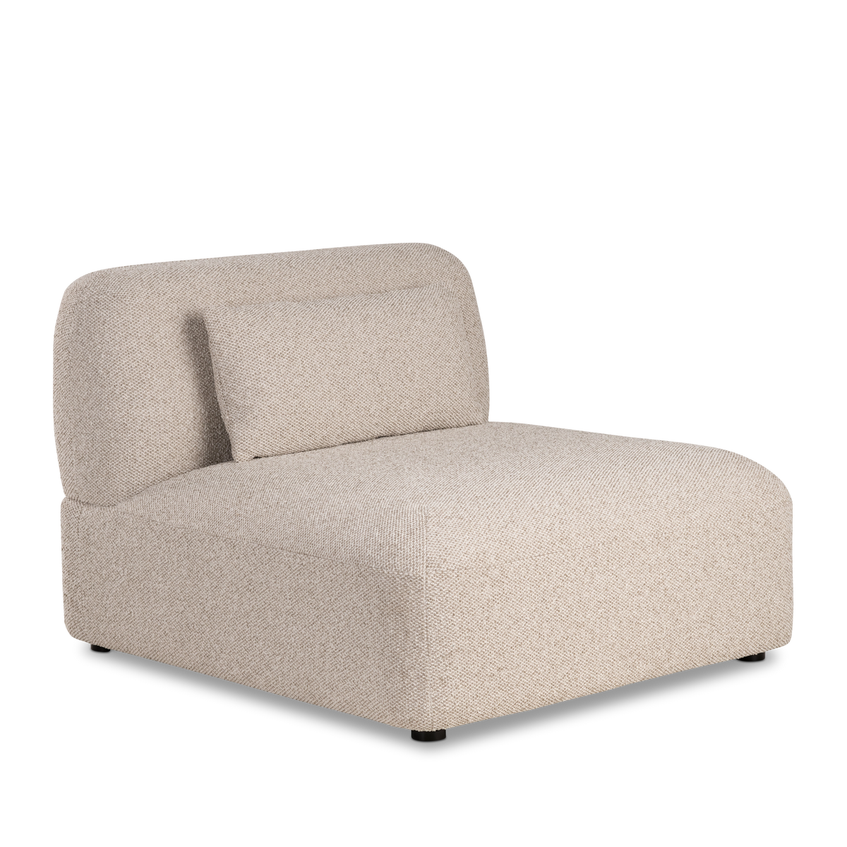 Duncan Modular armless section shown from an angled front view in Oatmeal woven fabric, highlighting the wide seat, squared edges and tailored seam lines.