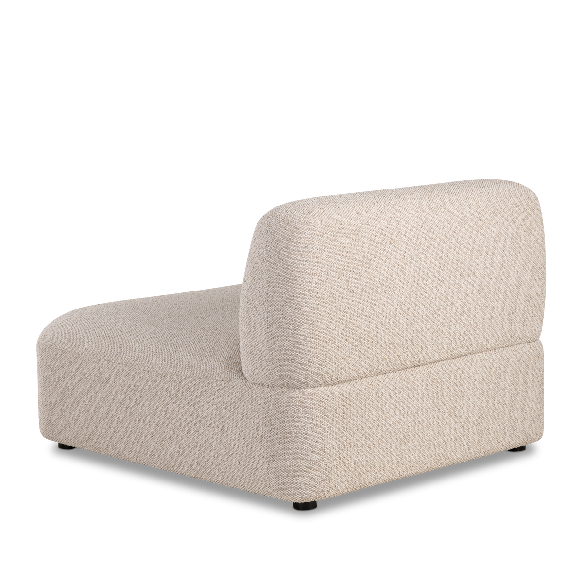  Angled rear view of the Duncan Modular armless section in Oatmeal flecked weave, showing the smooth curved back, stepped base and low black feet.