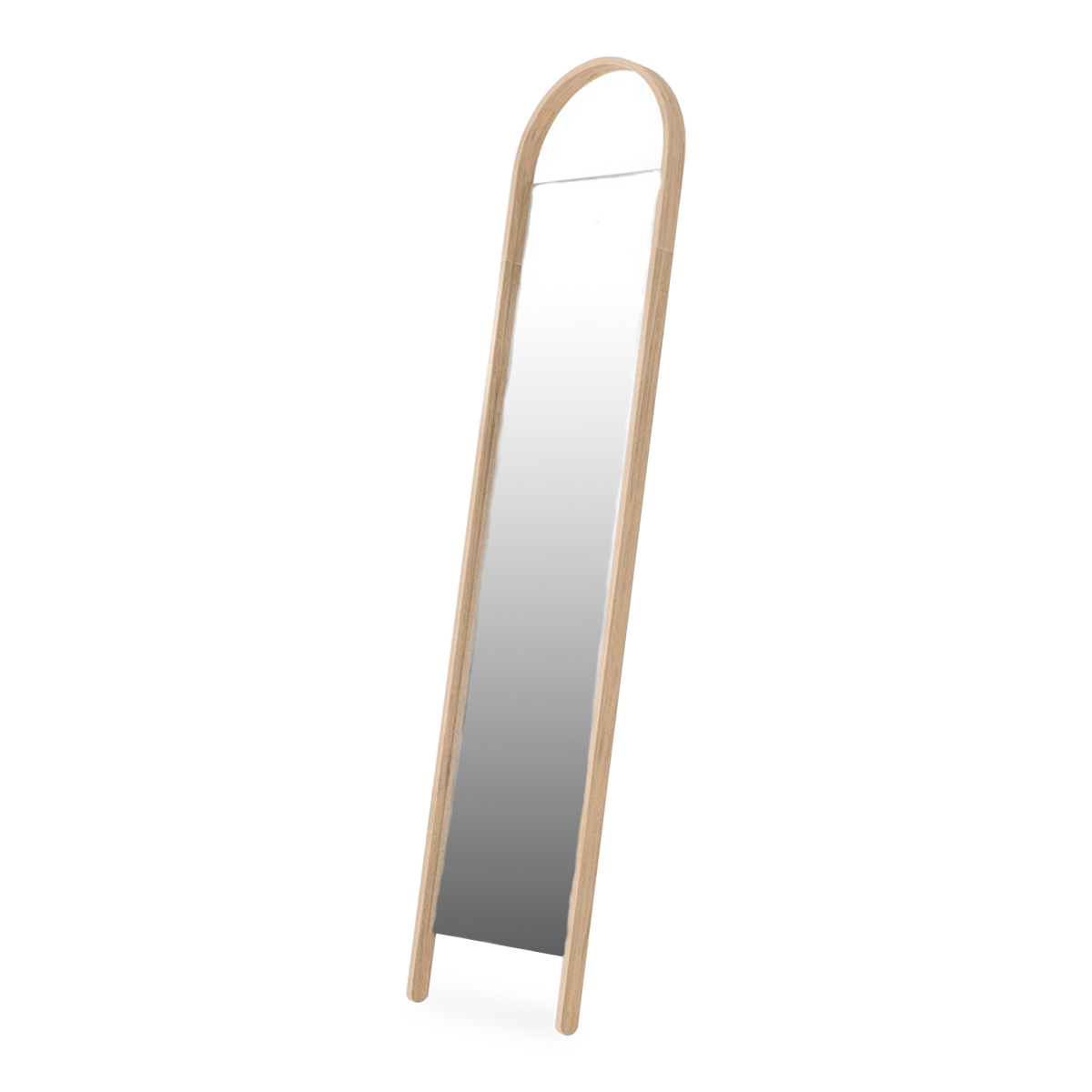 This Bellwood Leaning Mirror features a soft arched wood frame made from renewable wood.
