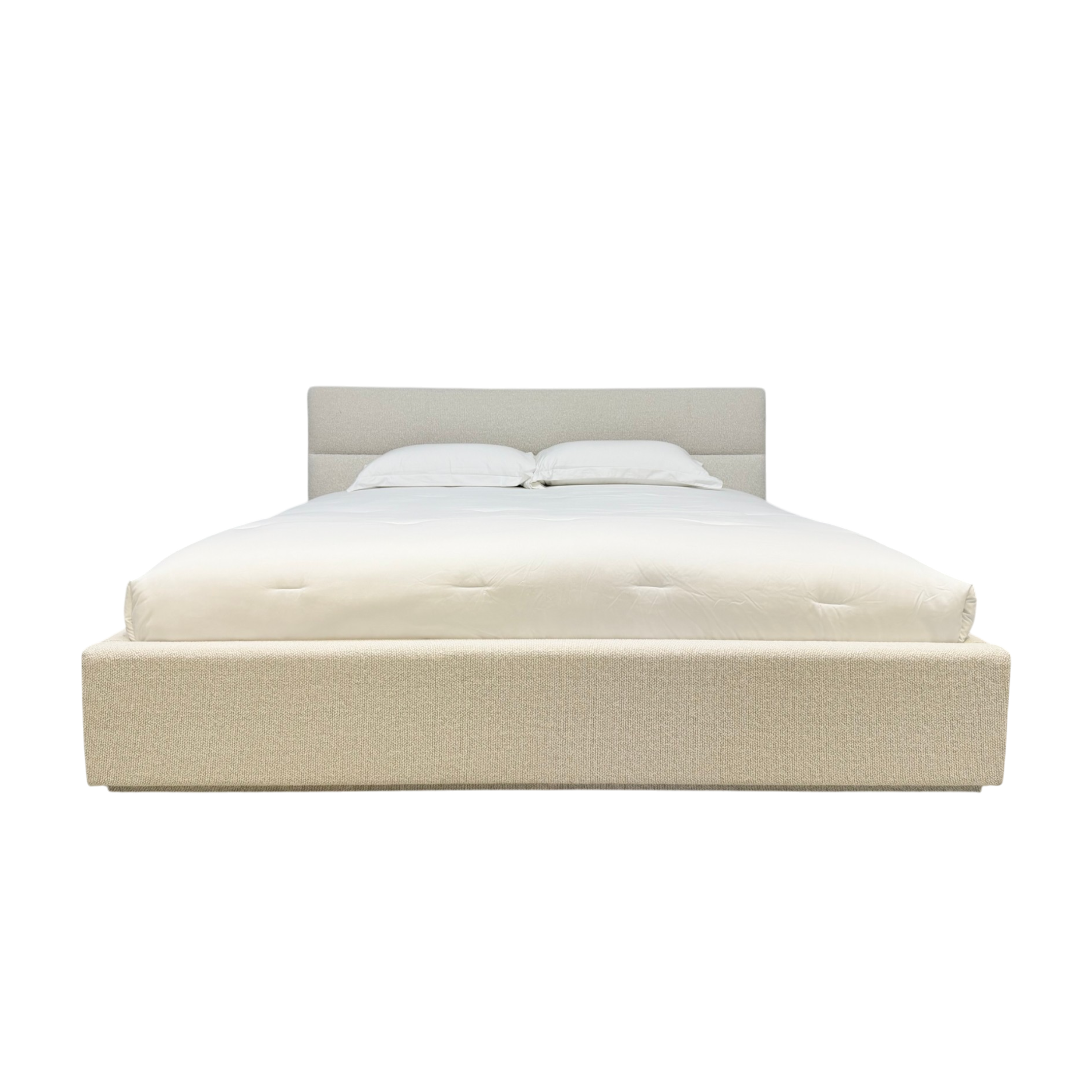Pearson King Bed upholstered in Lisa Cream ivory fabric with low platform base and rectangular headboard, front view.