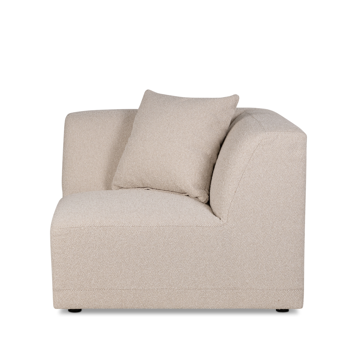Arlo Modular corner section in Oatmeal woven fabric shown from the front, with a square pillow tucked into the corner, a deep seat and clean seam lines.