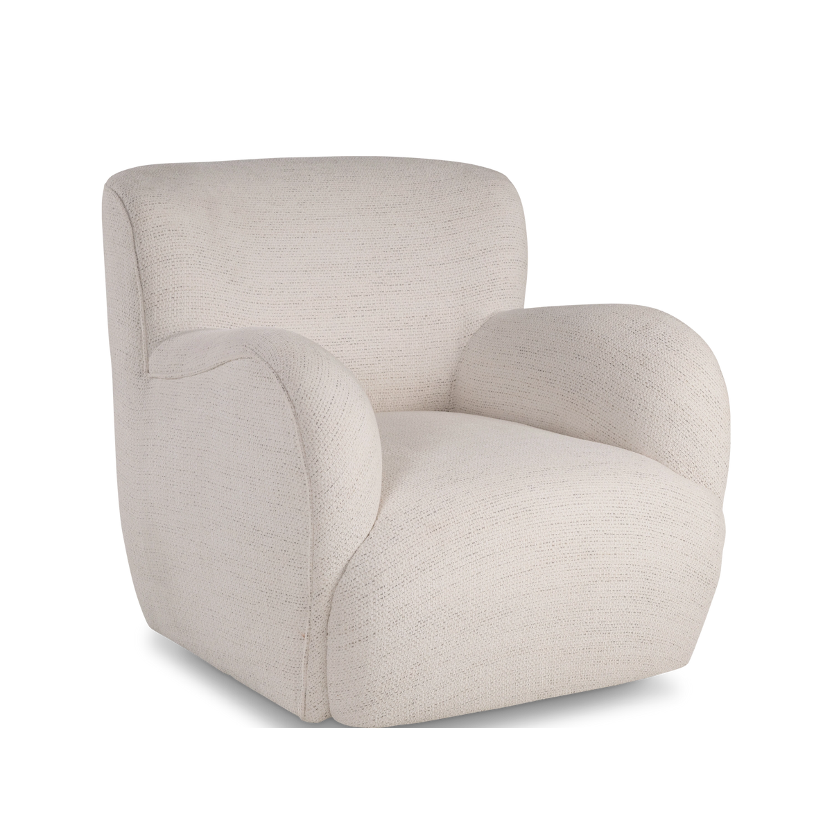 Angled view of the Rowe Swivel Chair in Natural woven fabric, highlighting the sculpted arms, the deep seat, and the softly curved back.