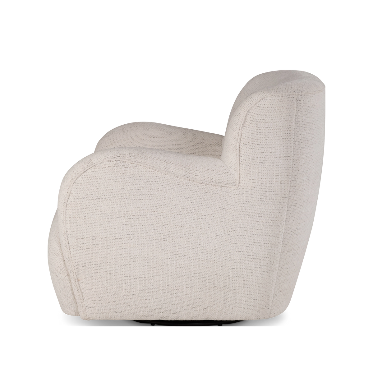 Side view of the Rowe Swivel Chair in Natural woven fabric, highlighting the deep, rounded arm, the curved back, and the low black swivel base.