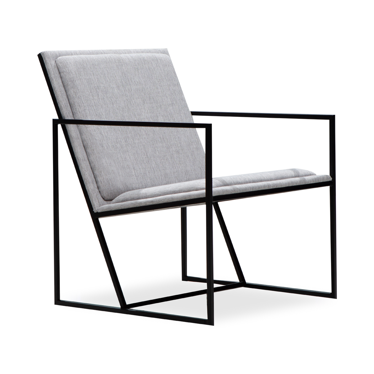 The Tilt Armchair In Grey features a twill fabric with contracting exposed black metal frame.
