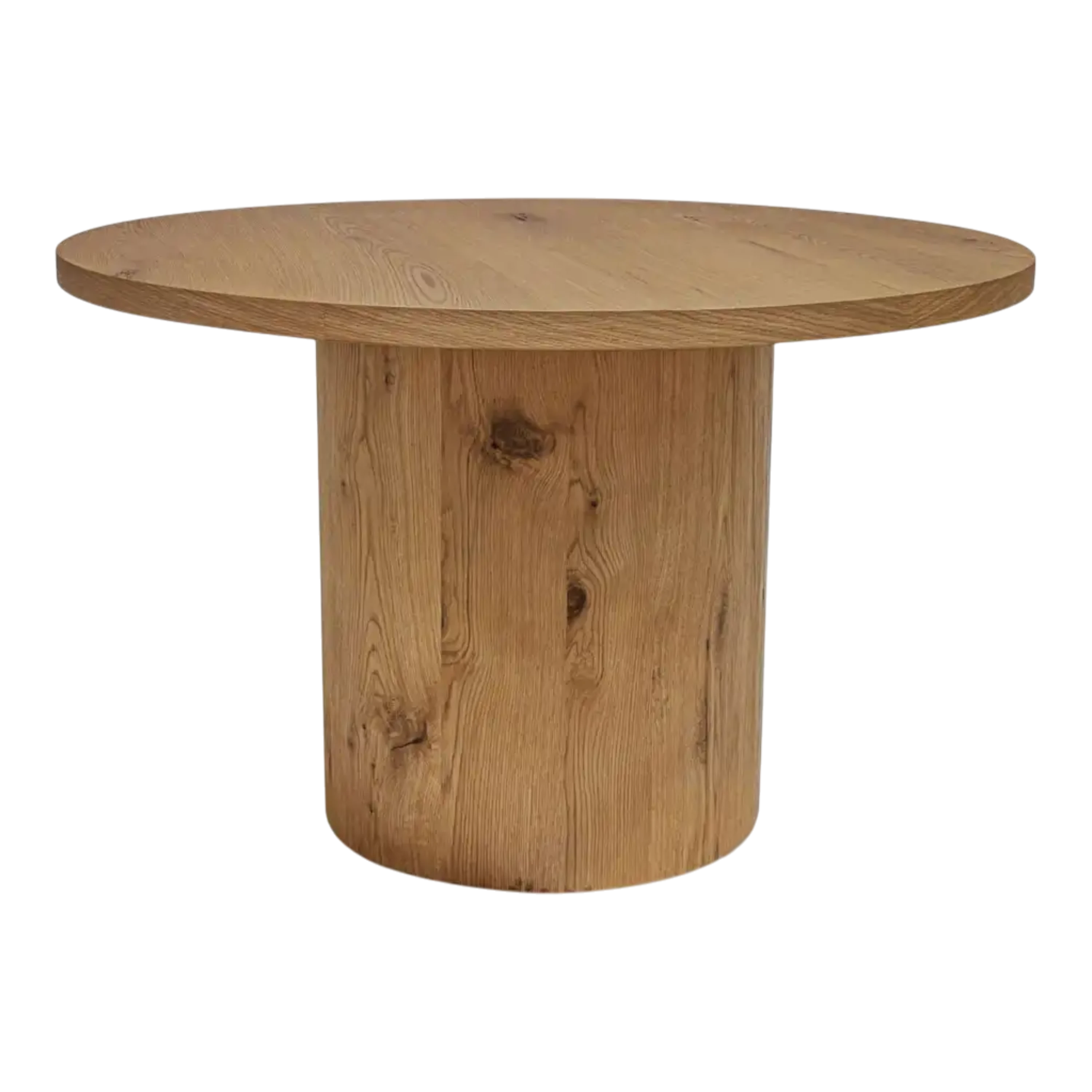 Weaver Dining Table with a broad round wood top, cylindrical pedestal base and visible natural grain and knots, shown from the front.
