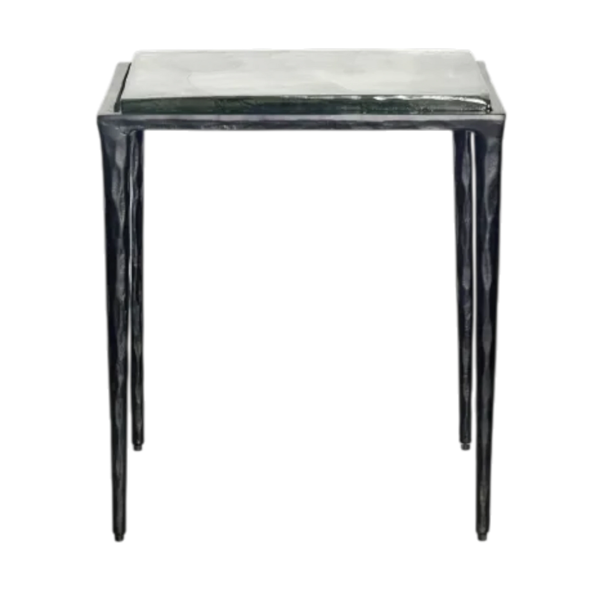 Front view of the Linea Side Table with a square frosted cast-glass top set within a slim dark iron frame with tapered legs.