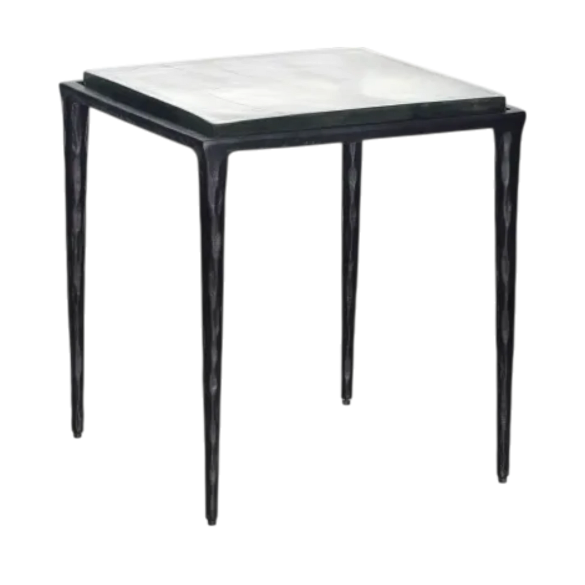 Angled view of the Linea Side Table showing the softly translucent cast-glass top and hammered iron frame with a textured, handcrafted finish.