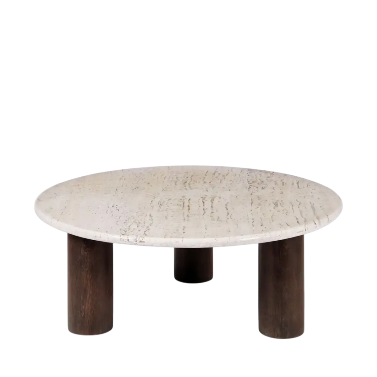 Front view of the Forma Coffee Table with a round beige travertine top and three cylindrical dark-stained mango wood legs.