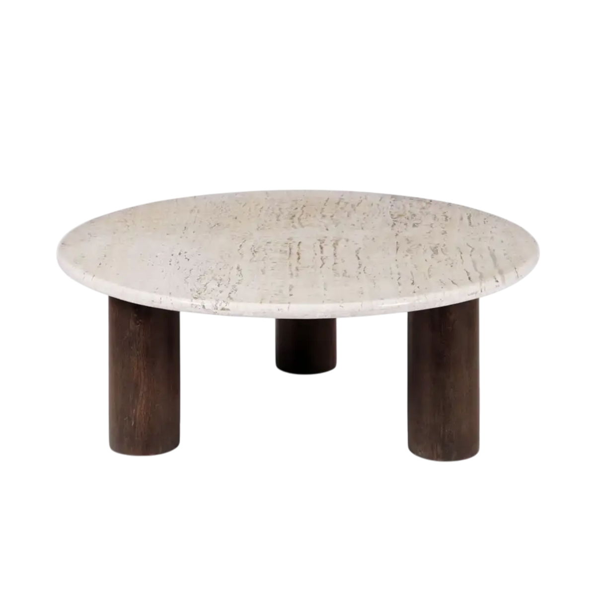 Front view of the Forma Coffee Table with a round beige travertine top and three cylindrical dark-stained mango wood legs.