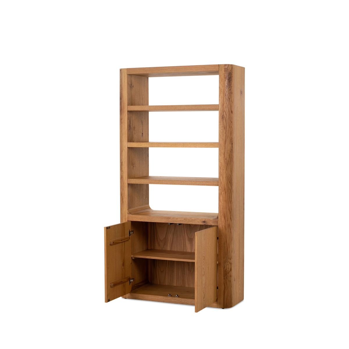 Edge Cabinet angled view in honey oak with both lower doors open, revealing the interior shelf and the open shelving above.