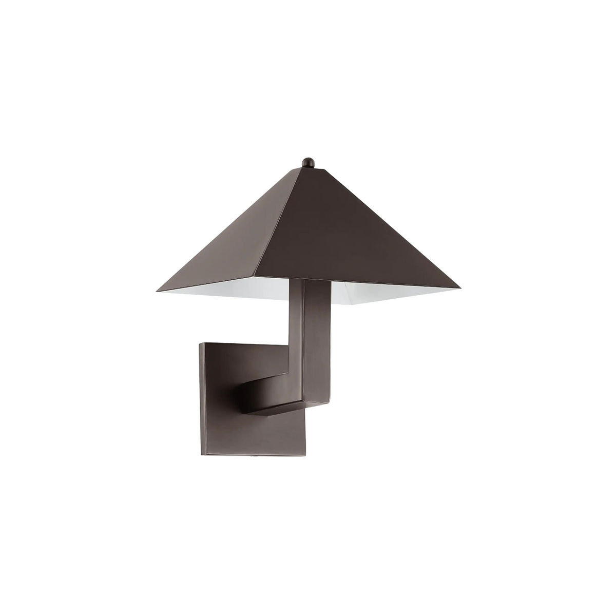 The Knight Sconce showcases a modern industrial aesthetic with a pyramid-shaped metal shade perched atop a thick square arm, extending seamlessly into a square backplate.