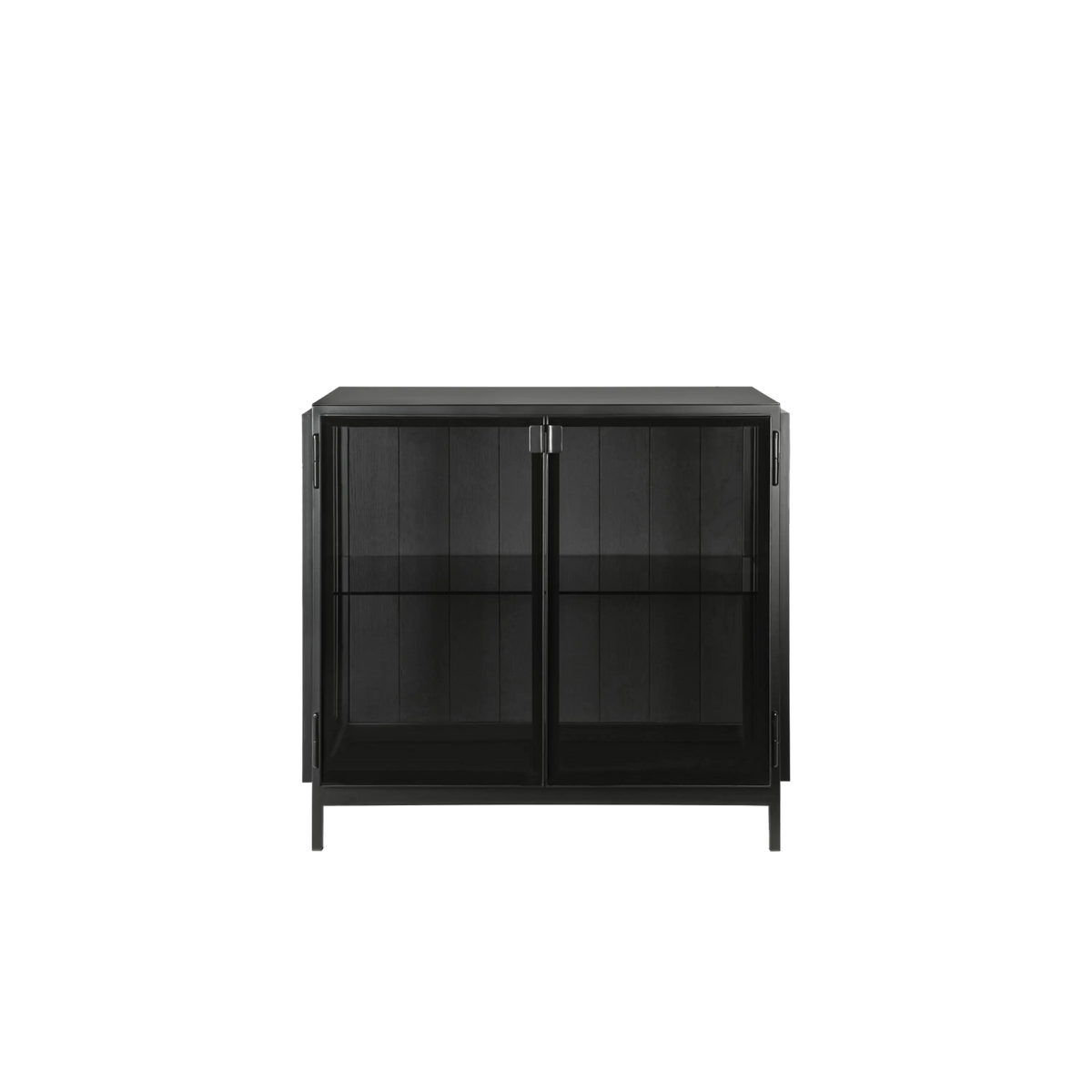 The Torsten Sideboard features a solid black frame that contrasts beautifully with the glass surface for a fresh twist on traditional cabinetry.