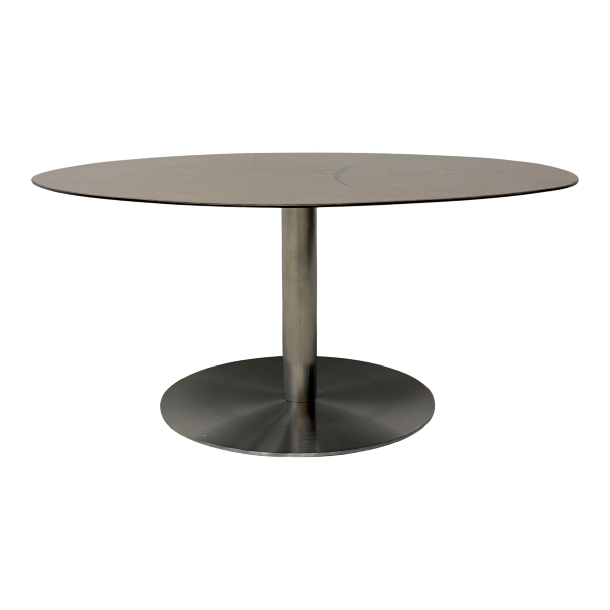 Wafer coffee table low, an oval coffee table with a dark brown wood-grain top and a brushed steel pedestal base, shown against a plain white background.