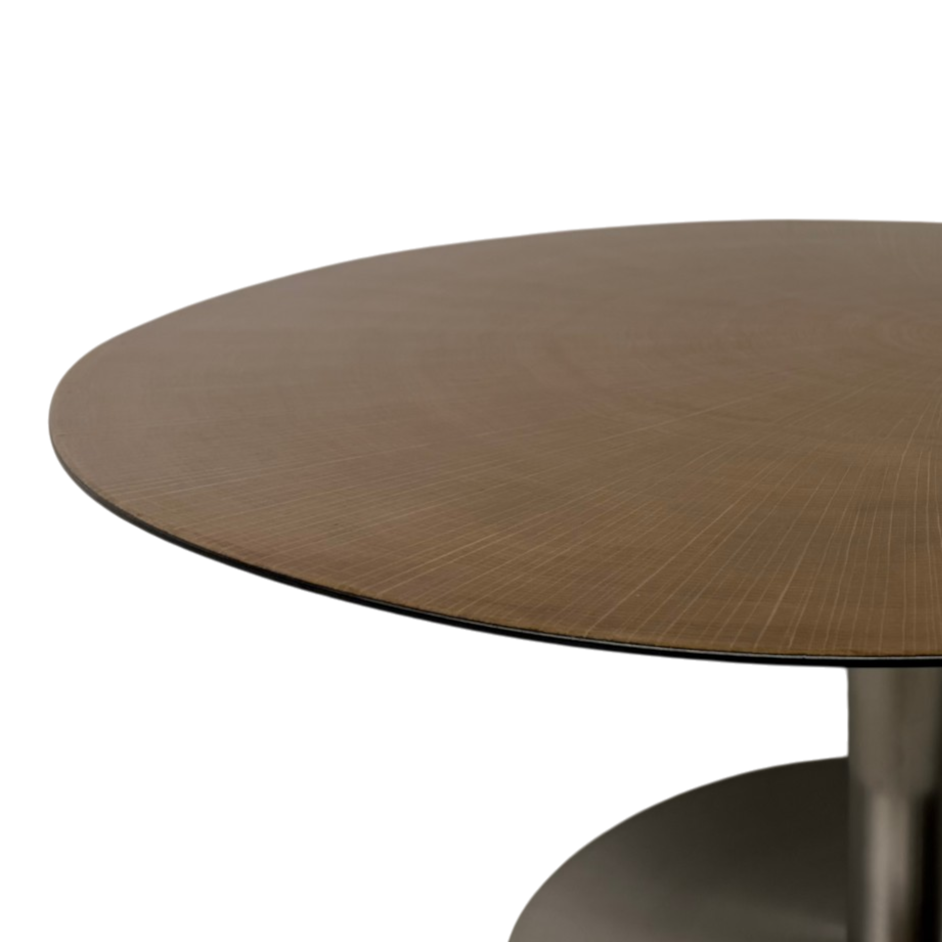 Wafer Coffee Table Low. Close-up of a round wooden coffee table top with a dark metal pedestal base on a white background.