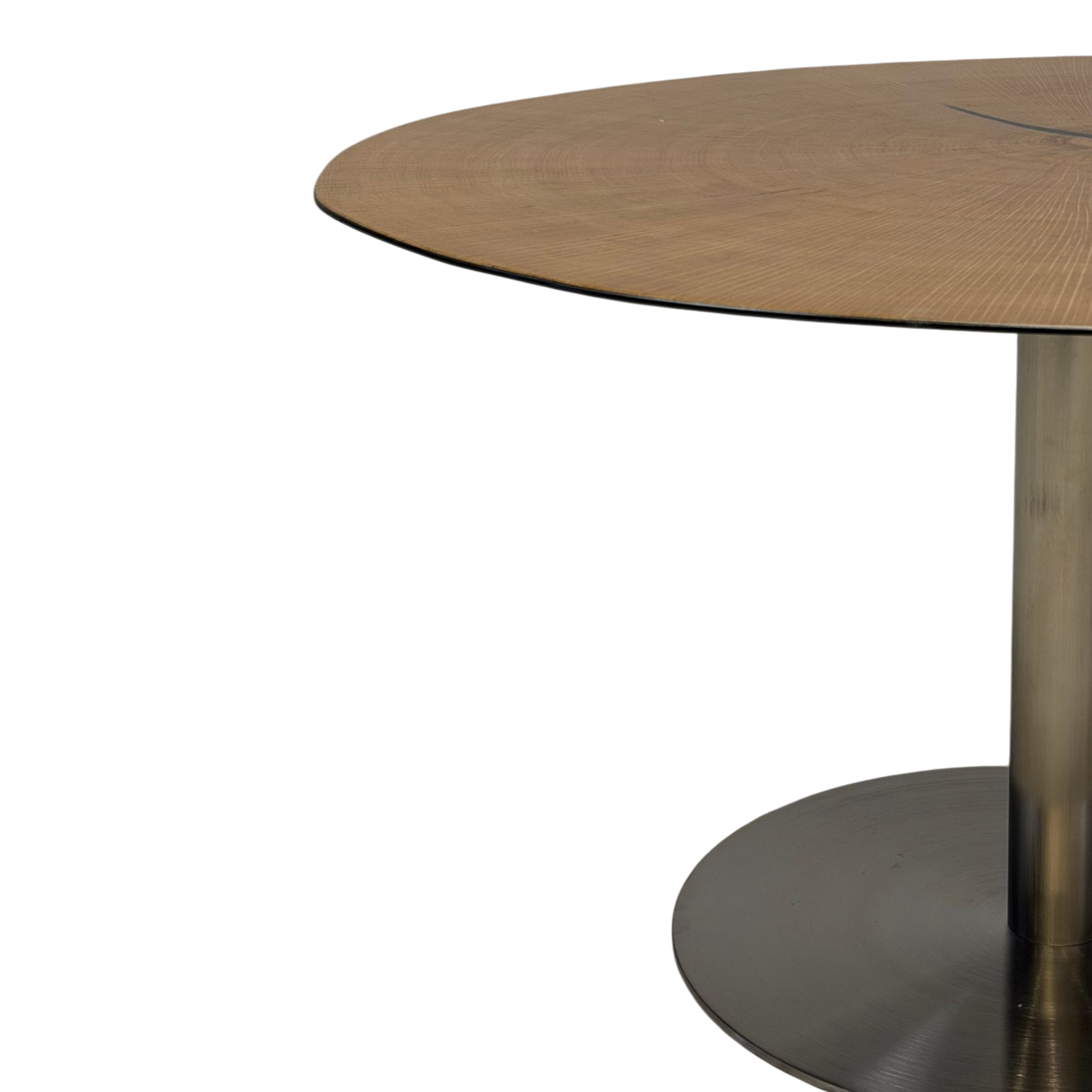 Wafer Coffee Table Tall Close-up of a round wooden coffee table with a brushed metal pedestal base and circular footplate, shown on a plain white background.