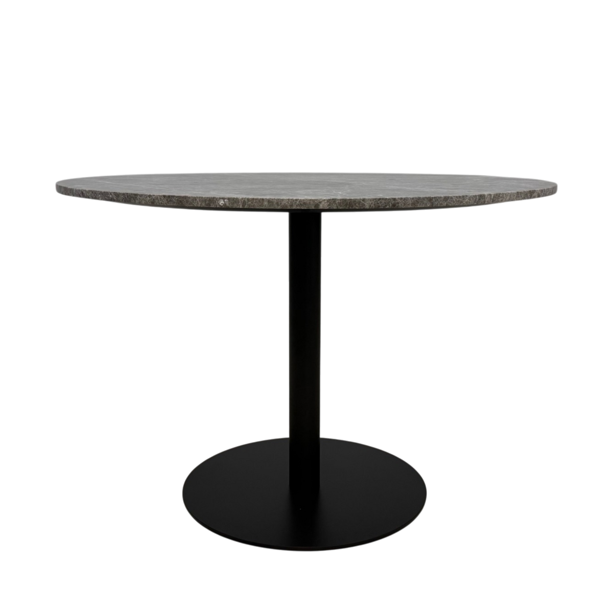 Bento Table. A round dining table with a dark gray stone-look top and a black metal pedestal base with a circular footplate, shown on a plain white background.