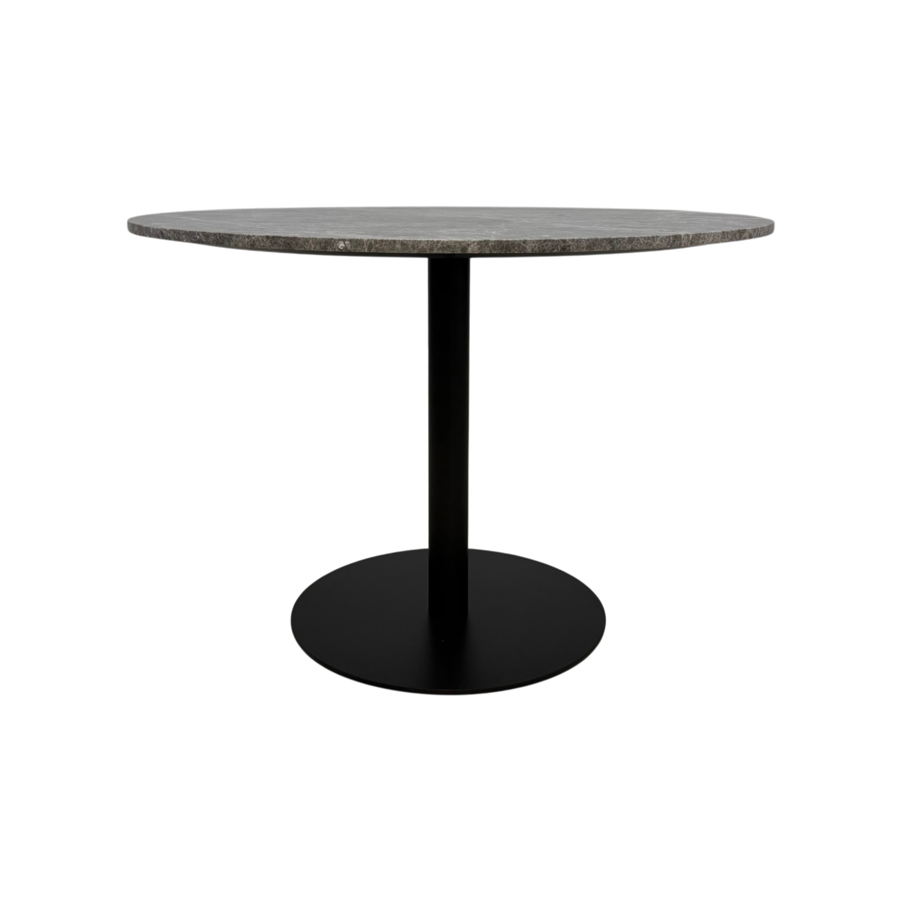 Bento Table. A round dining table with a dark gray stone-look top and a black metal pedestal base with a circular footplate, shown on a plain white background.