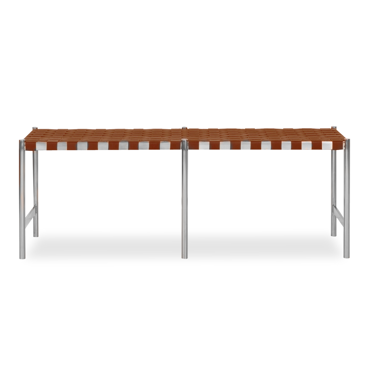 Delicate yet sturdy, the Armstrong Bench boasts a steel frame construction with a seat made of tightly woven leather straps.