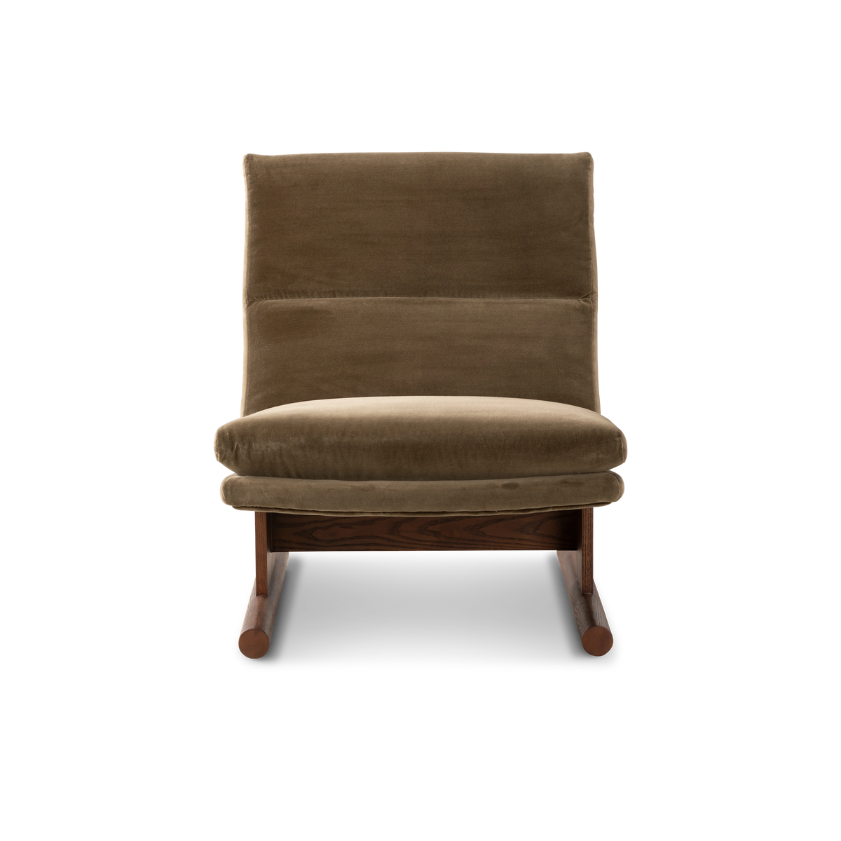 Wallace Lounge Chair shown from the front in Olive Brown velvet with a horizontal seam across the back, a layered seat and cylindrical wood runners.