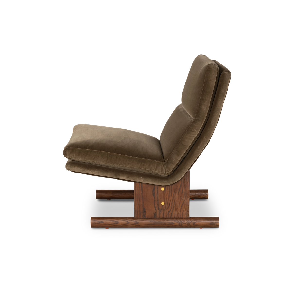 Wallace Lounge Chair shown from the side in Olive Brown velvet with a walnut-finished ash base, highlighting the stacked seat, reclined curved back and brass-toned accents on the wood post.