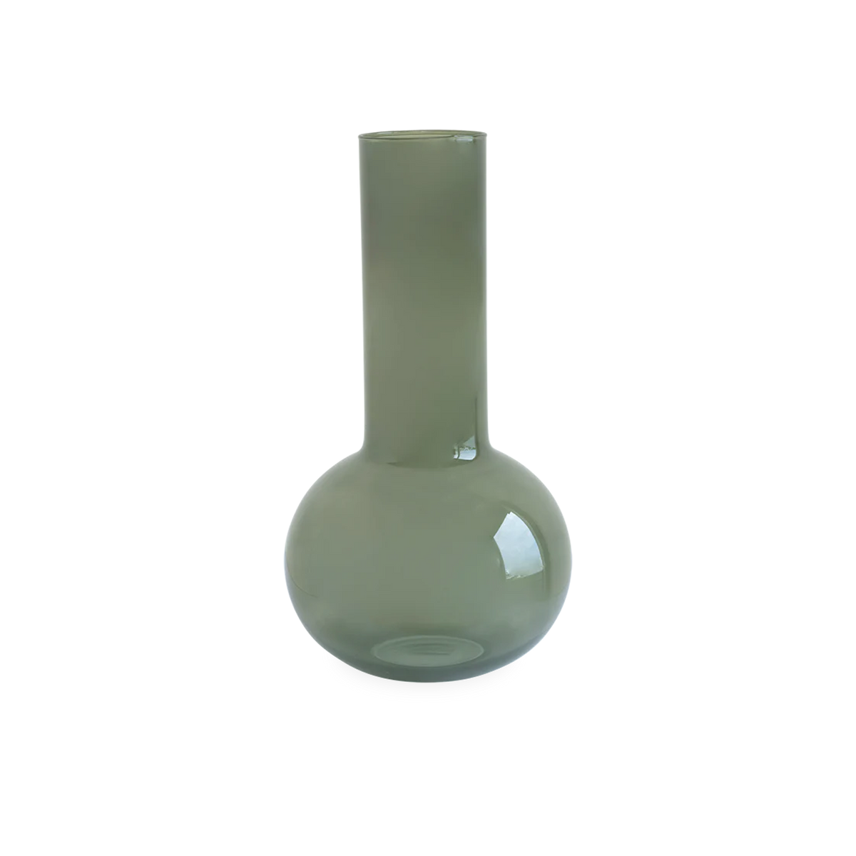 Combining modern design with sustainable values, the Tall Neck Glass Vase features a serene silhouette consisting of a spherical base that is complemented with an elegant, slender 