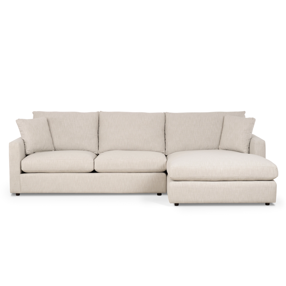 Front view of the Beacon Chaise Sectional with generously cushioned seating, oversized back pillows and a spacious right-facing chaise.
