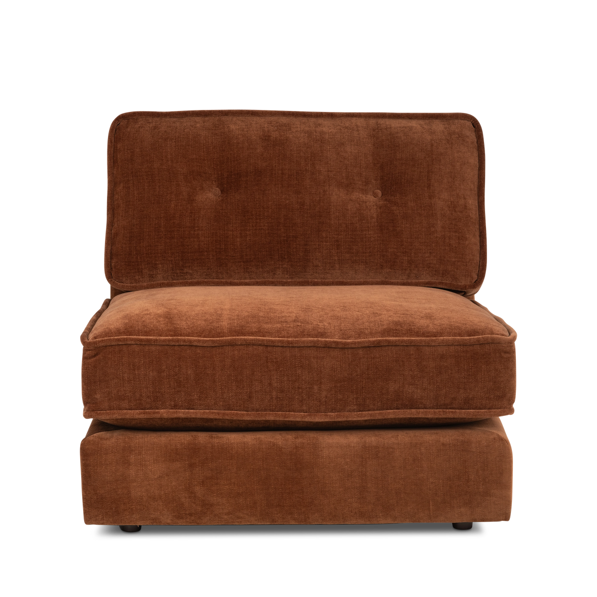 Loom Modular Armless Chair shown from the front in sienna chenille, with the plush seat cushion, the two-button tufted back, and the low dark feet beneath the base.