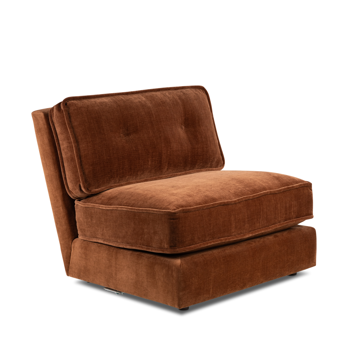 Angled view of the Loom Modular Armless Chair in sienna chenille, highlighting the tufted back cushion, the piped seat edge, and the slim angled side panel.