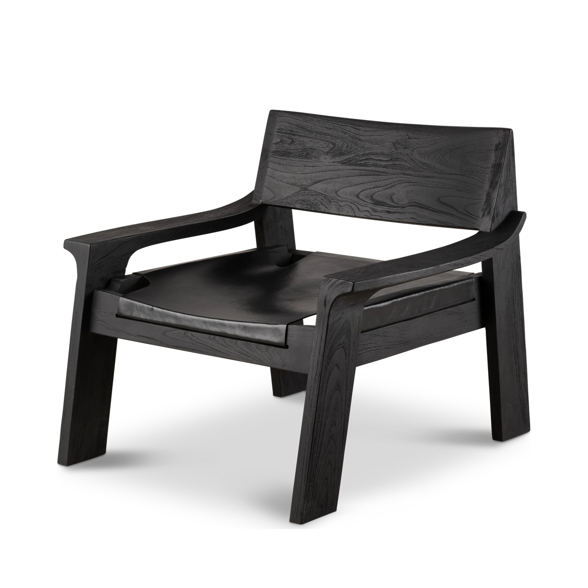 Leonardo Lounge Chair shown from the front-left in black leather and teak, angled view highlighting the slung leather seat, flared wood arms, and grain-rich backrest.