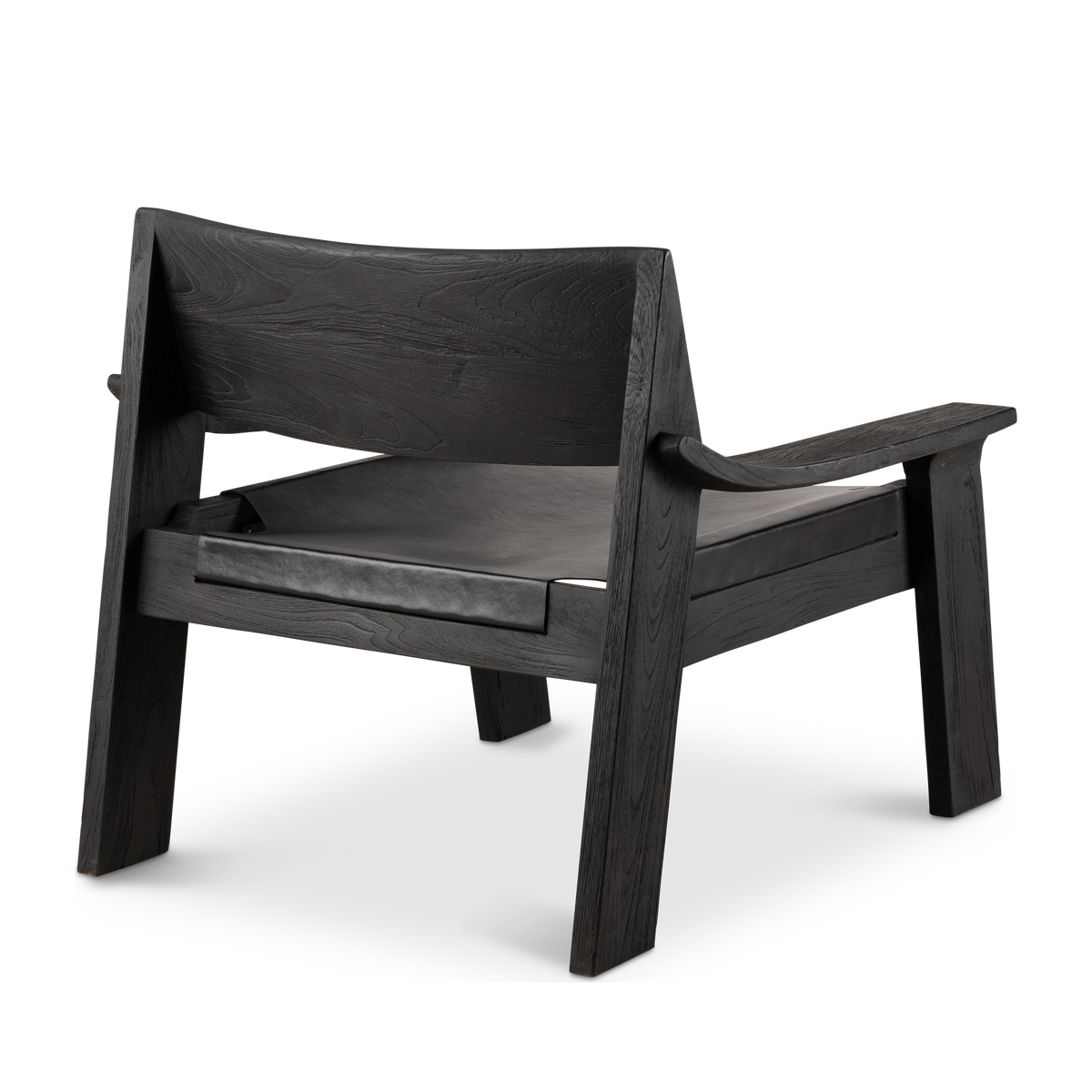 Leonardo Lounge Chair angled from the back in black-stained teak with black leather, showing the wide curved backrest, sloped arm, and splayed rear legs.