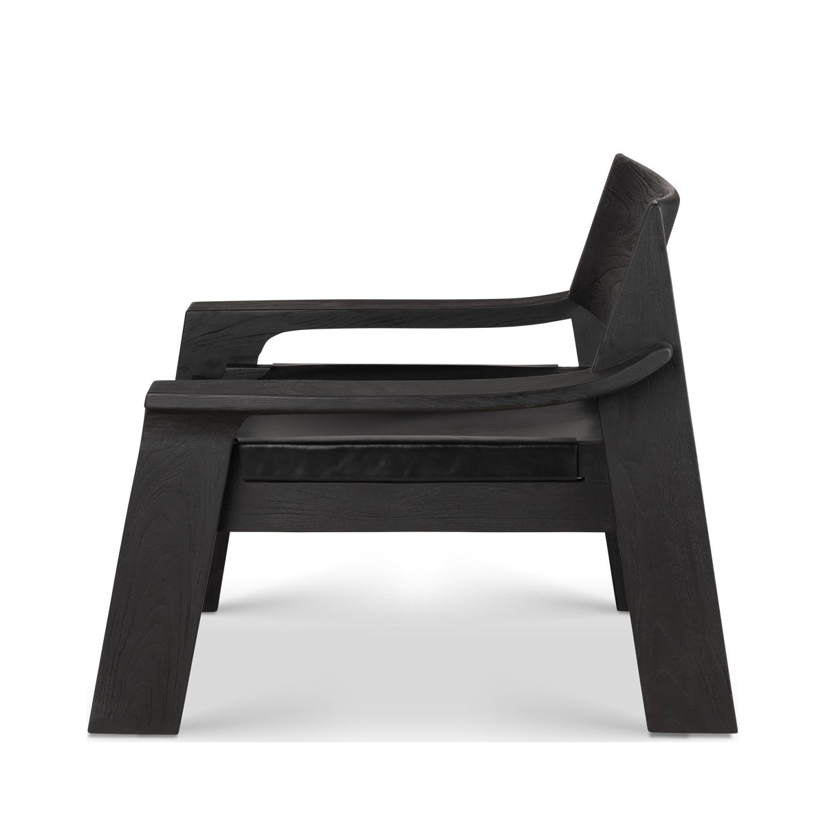Leonardo Lounge Chair in black leather and teak, side view showing the low seat profile, sweeping arm, and angled solid-wood legs.