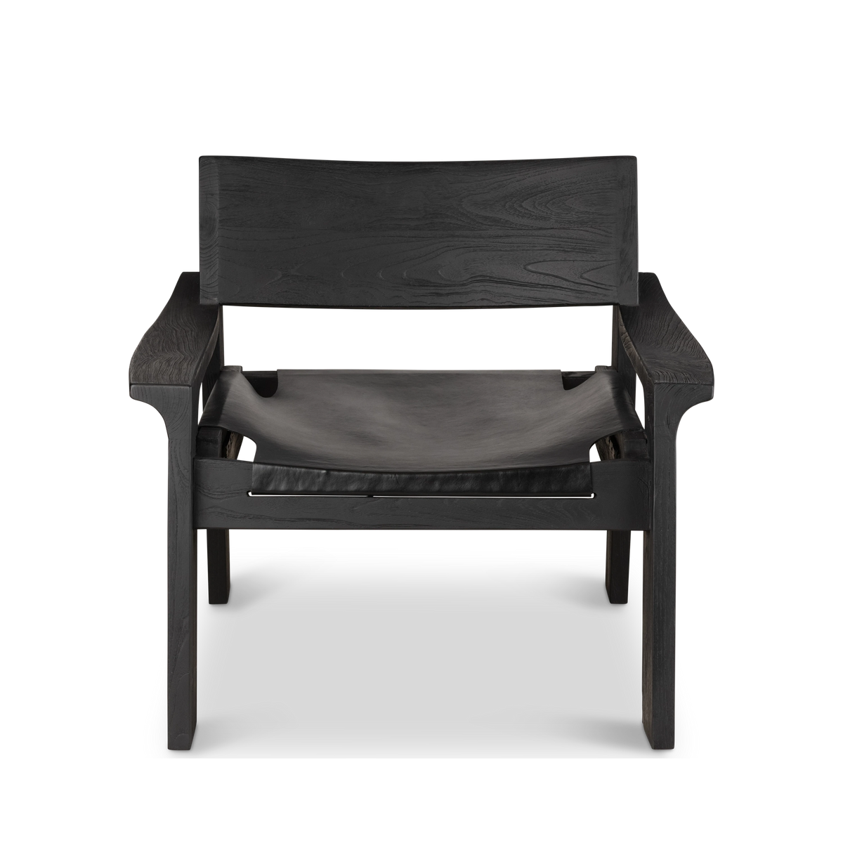 Leonardo Lounge Chair shown straight from the front in black leather and teak, with the sling seat dipping between wide arms beneath a broad wood back.