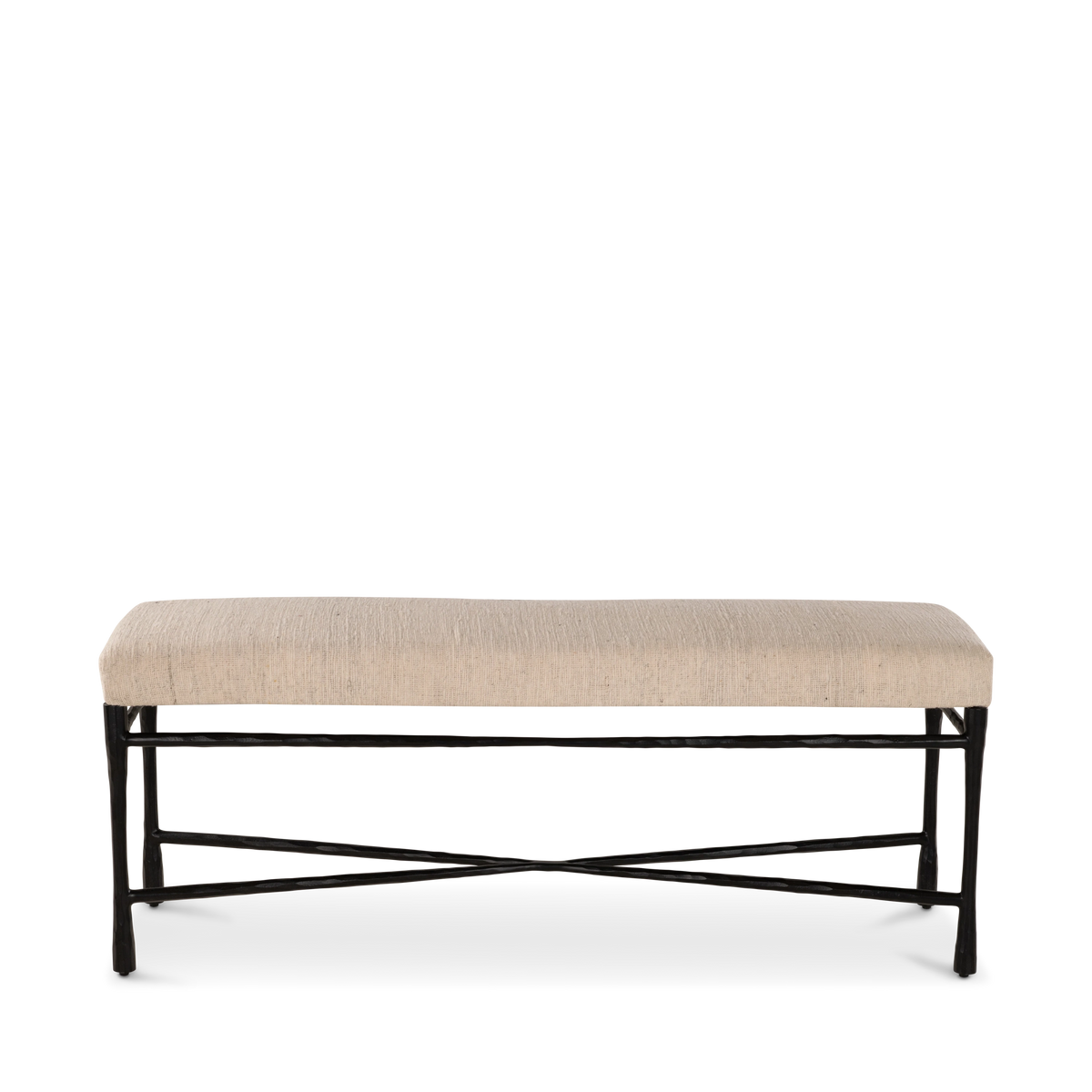 Front view of the Trevino Bench with a rectangular upholstered seat and crossed dark metal stretchers.