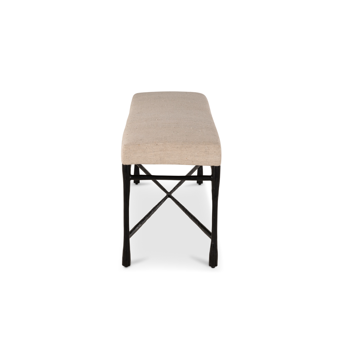 Side view of the Trevino Bench showing the slim upholstered seat, tapered legs and X-shaped metal bracing.