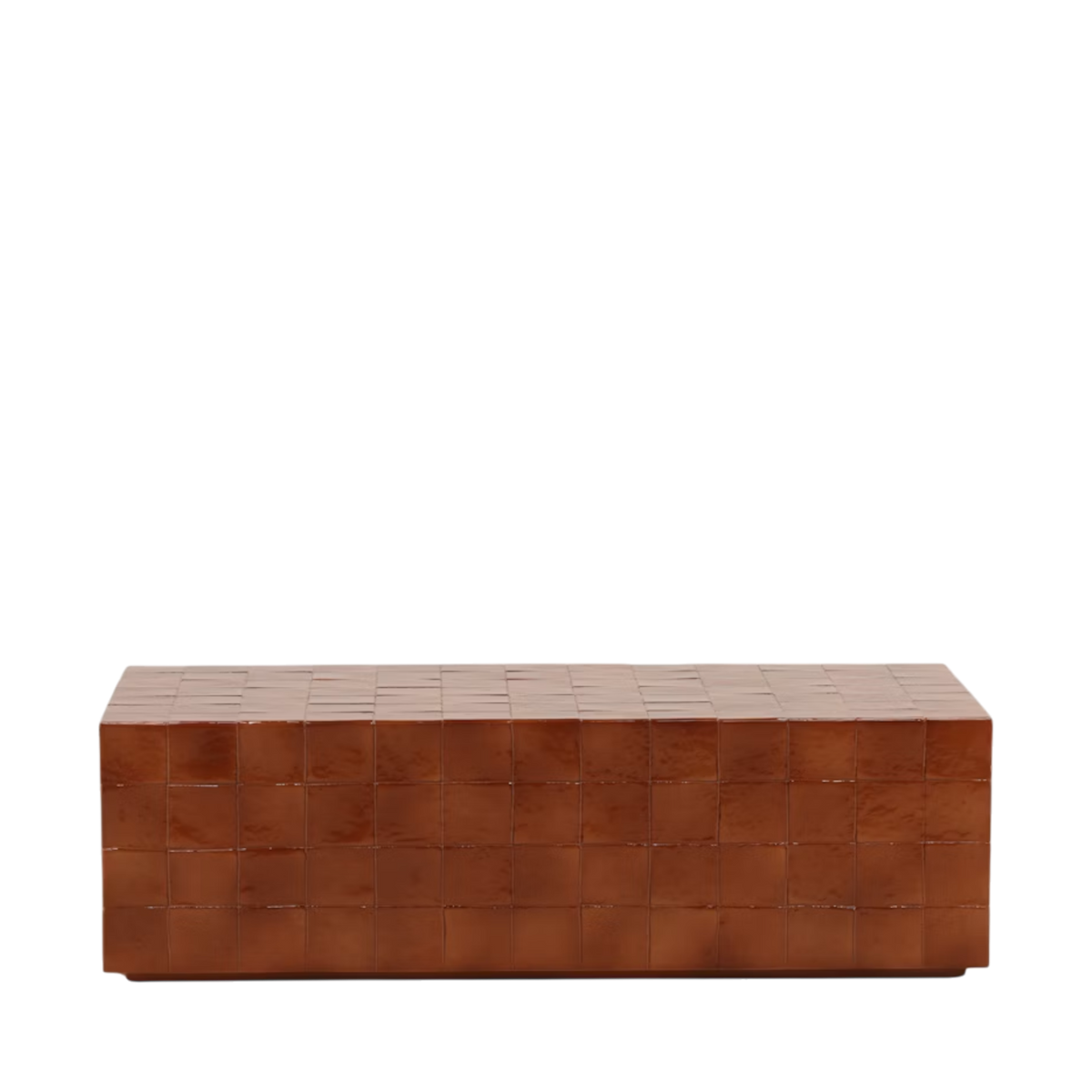 Front view of the Tilo Coffee Table, a low rectangular concrete table finished in a glossy Rust faux tile pattern with warm terracotta tones.