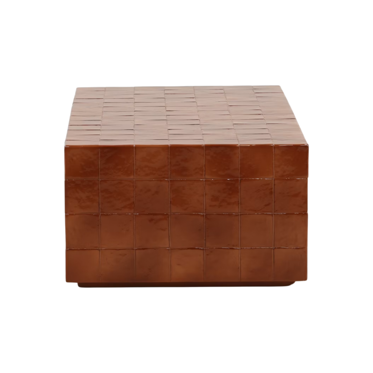 End view of the Tilo Coffee Table highlighting the continuous faux tile pattern, softly rounded edges and slightly recessed base.