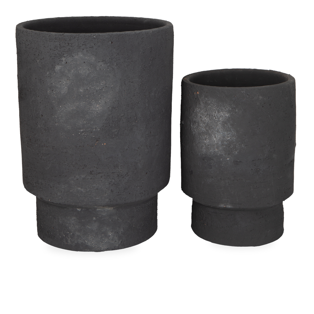 The Pitted Terracotta Vases feature texture and patina that is made of terracotta in a black finish.