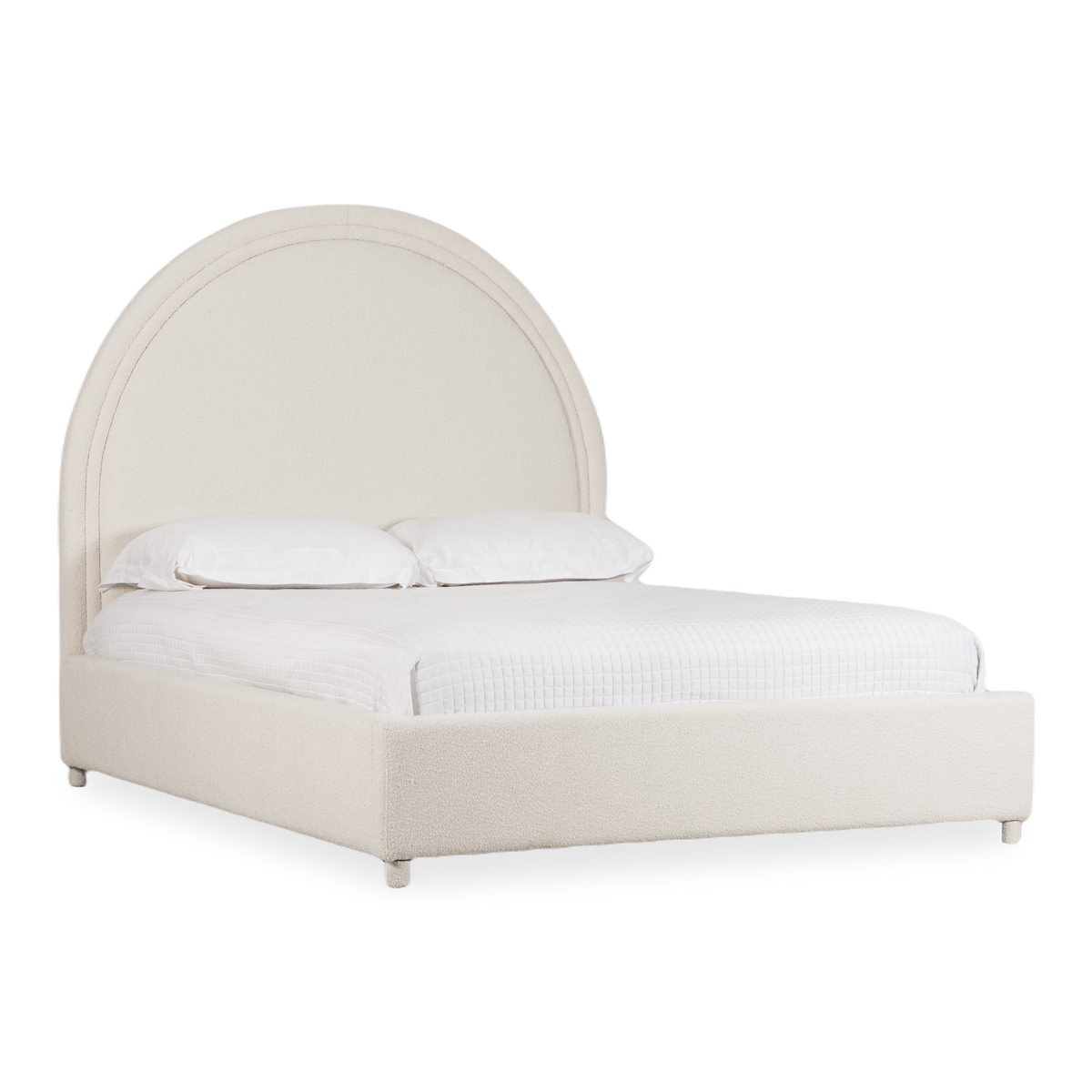 With its large half moon shaped headboard and rich boucle upholstered frame, the Curvo Bed is naturally inviting.