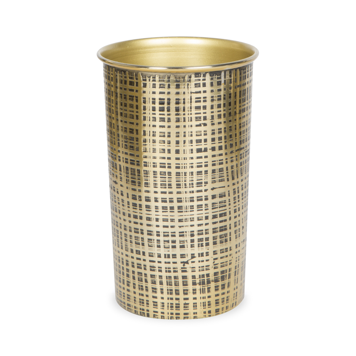 The richly finished Crosshatch Tumbler showcases a distinct crosshatch texture in a brass finish.
