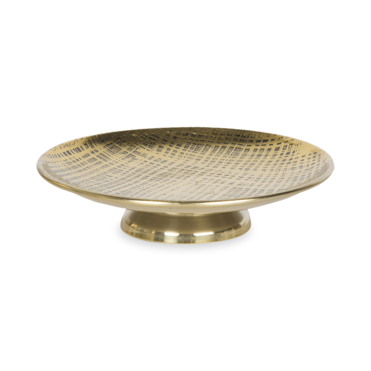 The richly finished Crosshatch Soap Dish showcases a distinct crosshatch texture in a brass finish.