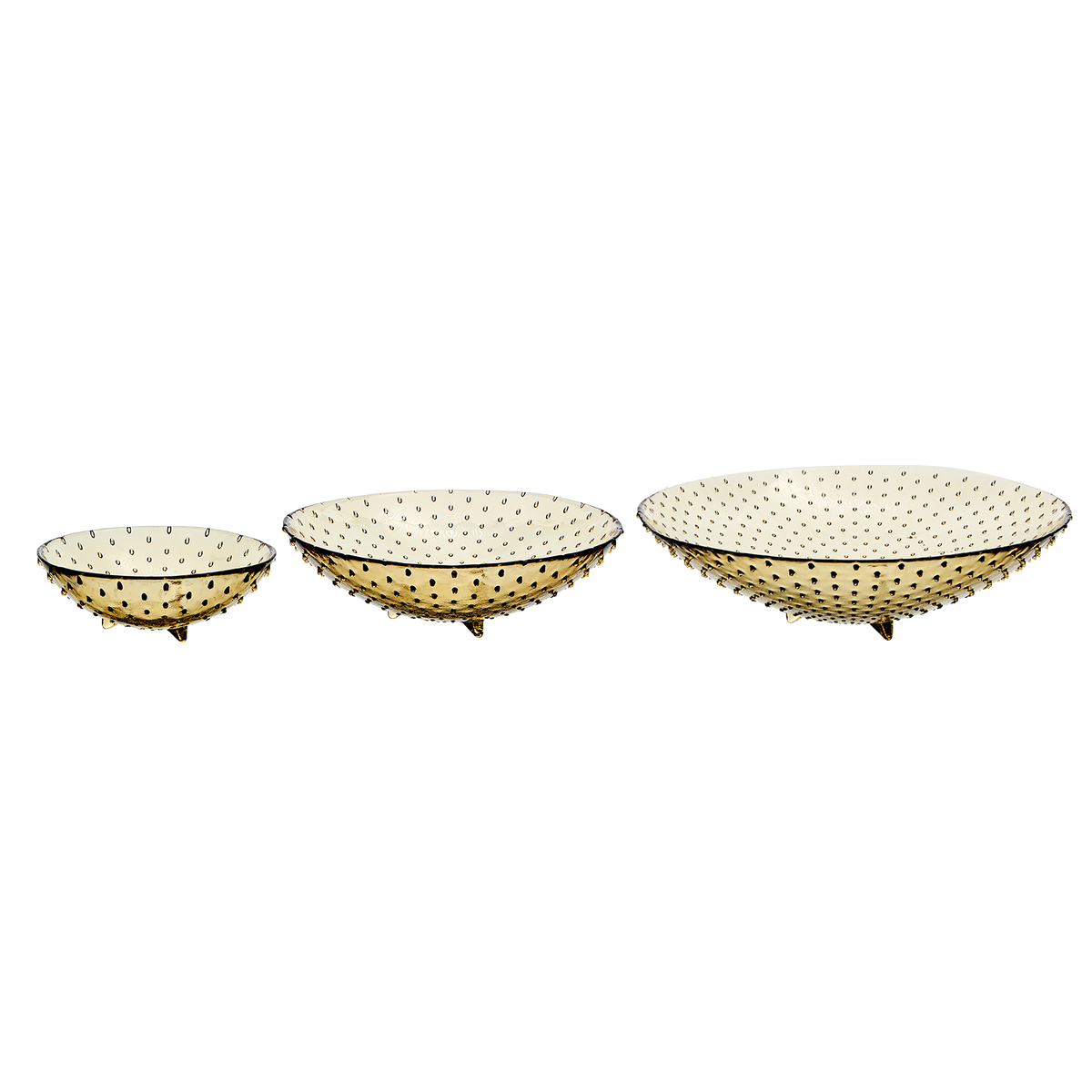 Defined by its intricate bobble design, the Textured Glass Bowl provides depth and visual texture to your tabletop collection due to its dynamic tonality and captivating form.