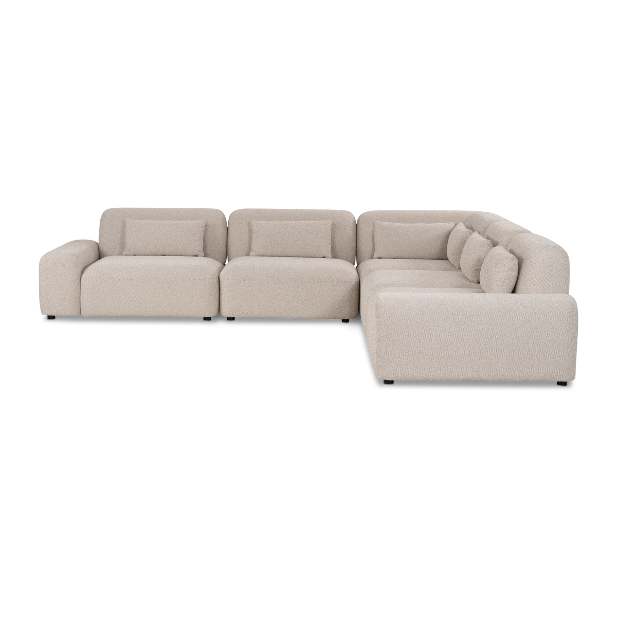 Duncan Modular Sectional shown from the front in an L-shaped Oatmeal woven layout, highlighting the rounded left arm, lumbar pillows and deep platform seats.