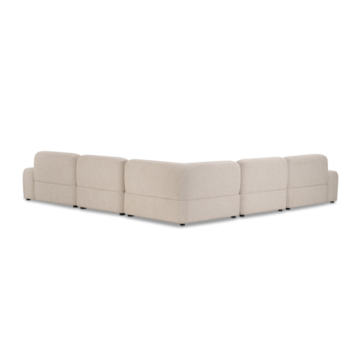 Rear view of the Duncan Modular Sectional in Oatmeal woven fabric, showing the V-shaped corner back, smooth curved backs and short black feet.