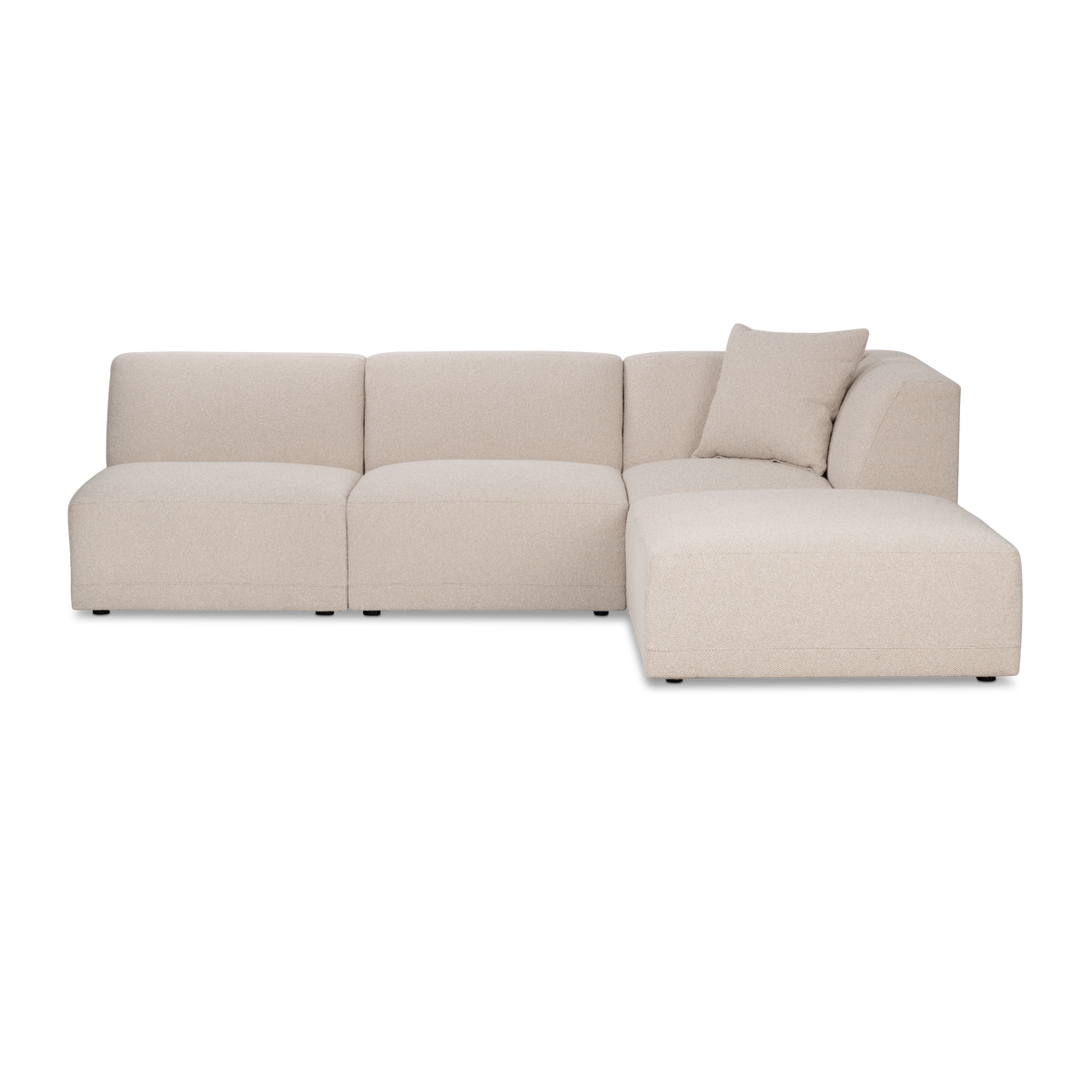 Arlo Modular Sectional shown from the front in Oatmeal flecked woven fabric, with a corner section, two armless sections and a matching ottoman, plus a square pillow in the corner.